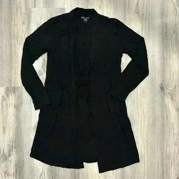 DKNY Black Longline Cardigan Sweater Wrap Tie Duster Knit Long Sleeve Size M - Picture 1 of 8